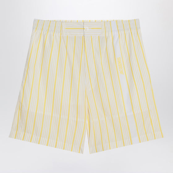 JACQUEMUS White, yellow striped bermuda shorts with logo