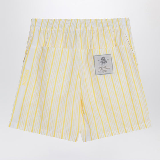 JACQUEMUS White, yellow striped bermuda shorts with logo