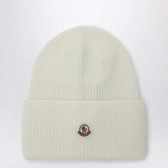 Moncler White wool beanie with logo patch