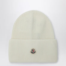  Moncler White wool beanie with logo patch
