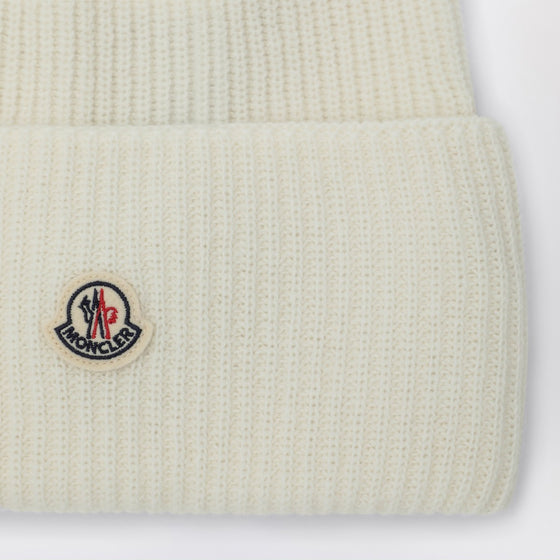 Moncler White wool beanie with logo patch