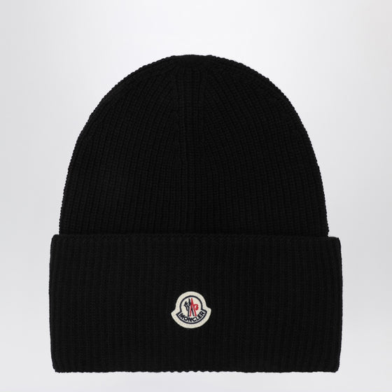 Moncler Black wool beanie with logo patch