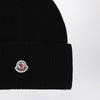 Moncler Black wool beanie with logo patch