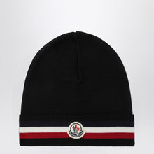  Moncler Black wool beanie with tricolor band