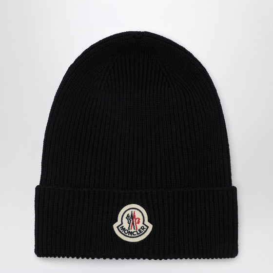 Moncler Blue wool beanie with logo patch