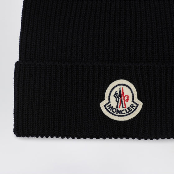 Moncler Blue wool beanie with logo patch