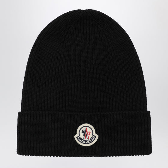 Moncler Black wool beanie with logo patch