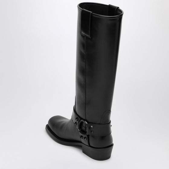 Valentino Garavani Black leather Biker Rockstud high boot