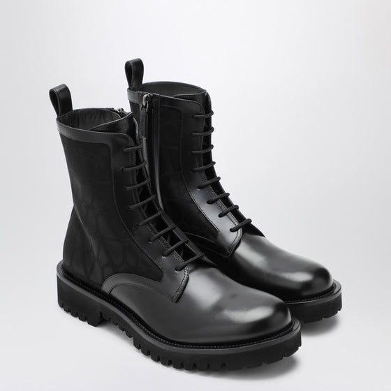Valentino Garavani Black Combat Boot in technical fabric and Toile Iconographe calfskin
