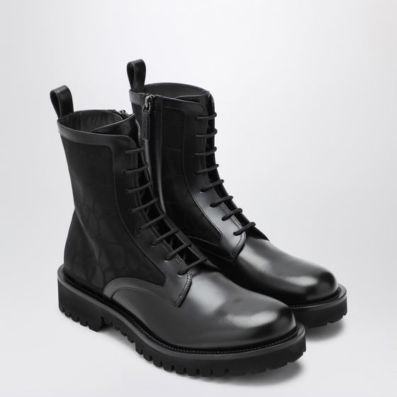 Valentino Garavani Black Combat Boot in technical fabric and Toile Iconographe calfskin