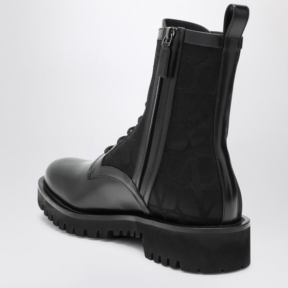 Valentino Garavani Black Combat Boot in technical fabric and Toile Iconographe calfskin