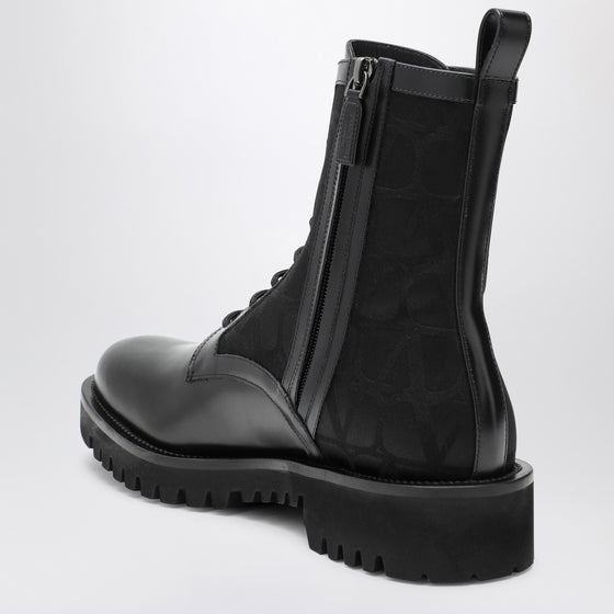 Valentino Garavani Black Combat Boot in technical fabric and Toile Iconographe calfskin