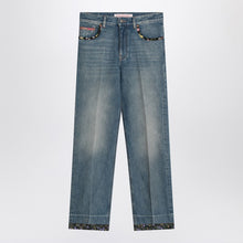  Valentino Washed blue jeans with floral fabric trims