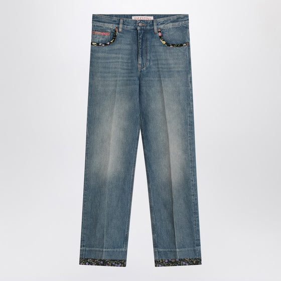Valentino Washed blue jeans with floral fabric trims