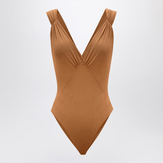 Saint Laurent Brown silk-blend crossover bodysuit