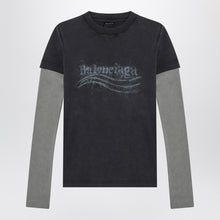  Balenciaga Washed black T-shirt with double sleeves “Washed Crayon Political”