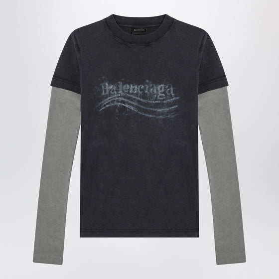 Balenciaga Washed black T-shirt with double sleeves “Washed Crayon Political”