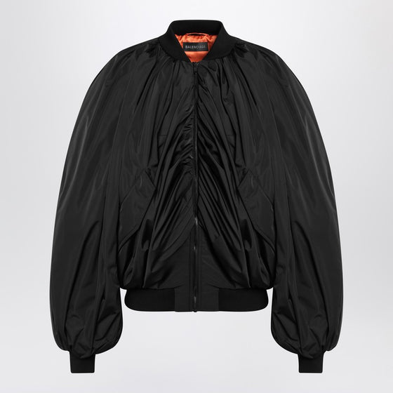 Balenciaga Draped black bomber jacket in technical micro-faille