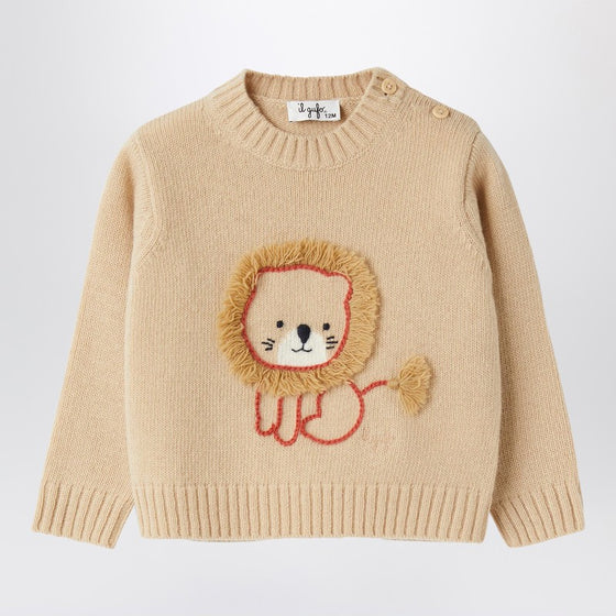 Il Gufo Beige wool pullover with lion embroidery