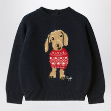  Il Gufo Blue wool sweater with dachshund
