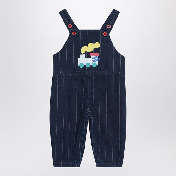 Bobo Choses Navy blue denim overalls with train