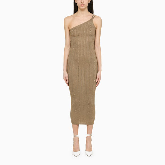 Alessandra Rich Gold one-shoulder dress with rhinestones
