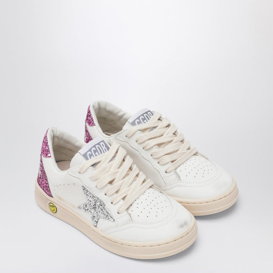 Golden Goose White leather Ball Star sneakers with silver/pink glitter