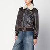 HALFBOY Brown leather bomber jacket with shearling collar