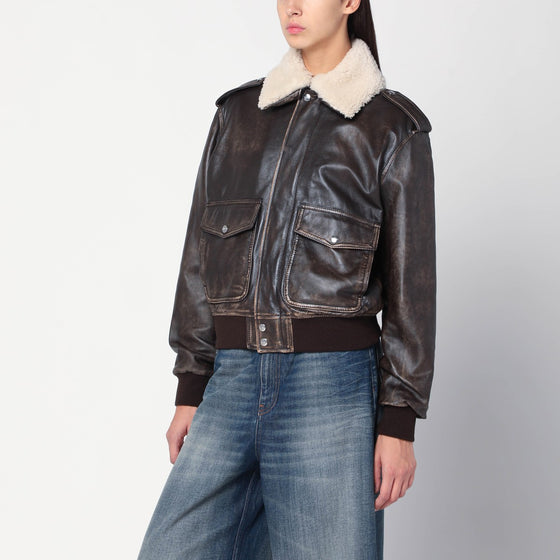 HALFBOY Brown leather bomber jacket with shearling collar