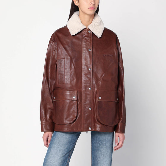 HALFBOY Brown leather jacket with shearling collar