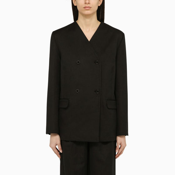 Loulou Studio Black double-breasted jacket in cotton and linen