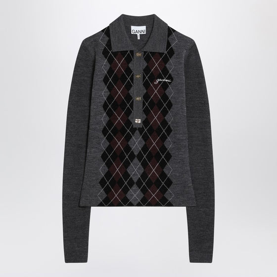 GANNI Grey polo with wool diamonds