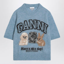  GANNI Light blue sweater with alpaca blend logo