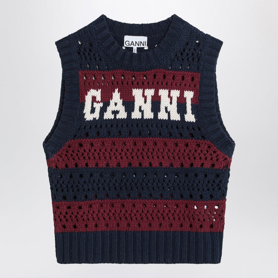 GANNI Striped openwork vest with logo inlay