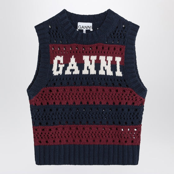 GANNI Striped openwork vest with logo inlay