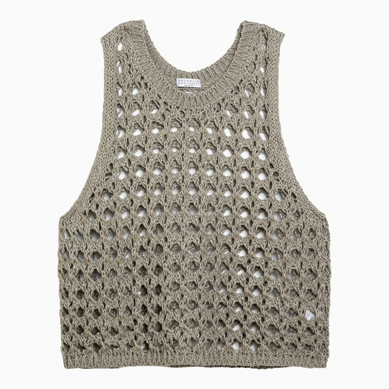 Brunello Cucinelli Dark green perforated cotton-blend tank top