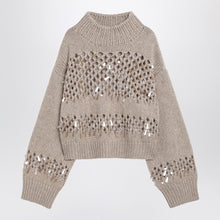  Brunello Cucinelli Brown openwork sweater with sequins