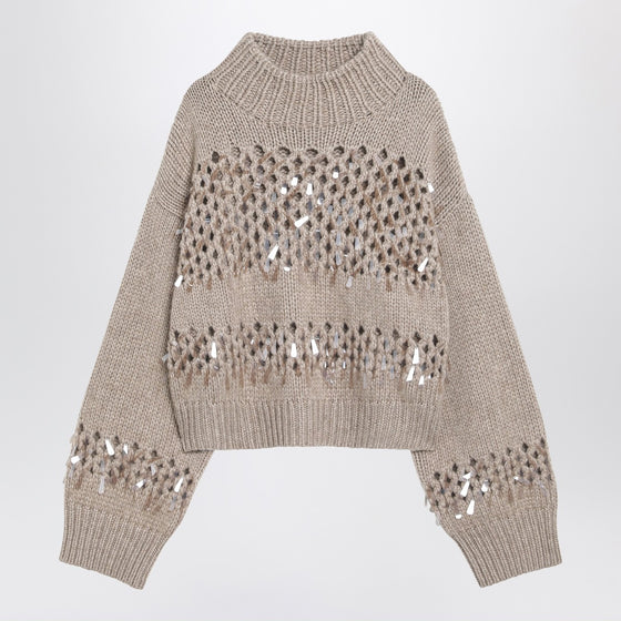 Brunello Cucinelli Brown openwork sweater with sequins