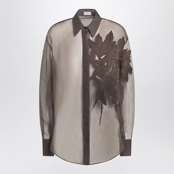 Brunello Cucinelli Brown shirt with Flora Appliqué in silk