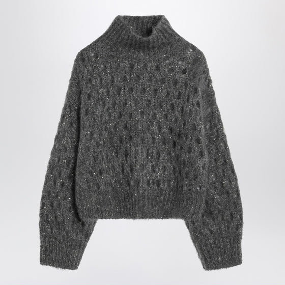 Brunello Cucinelli Grey openwork turtleneck sweater