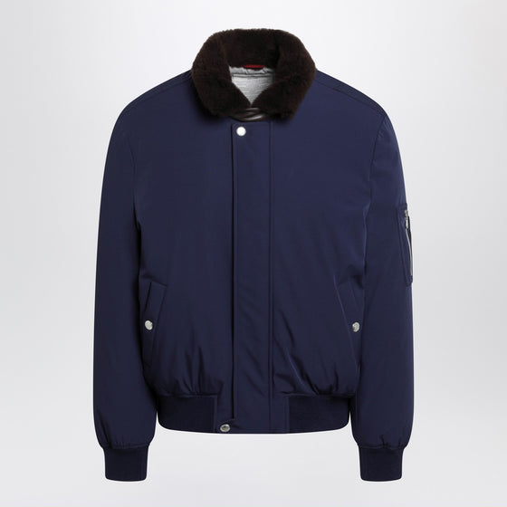 Brunello Cucinelli Indigo nylon puffer jacket with shearling collar