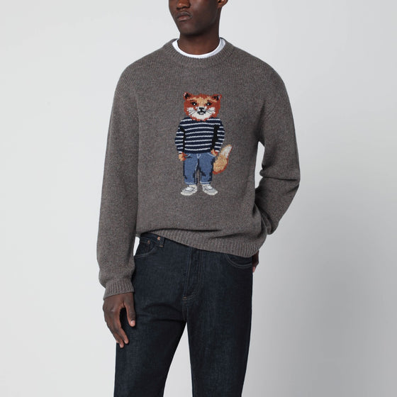 Maison Kitsuné Grey mélange sweater with Dressed Fox intarsia