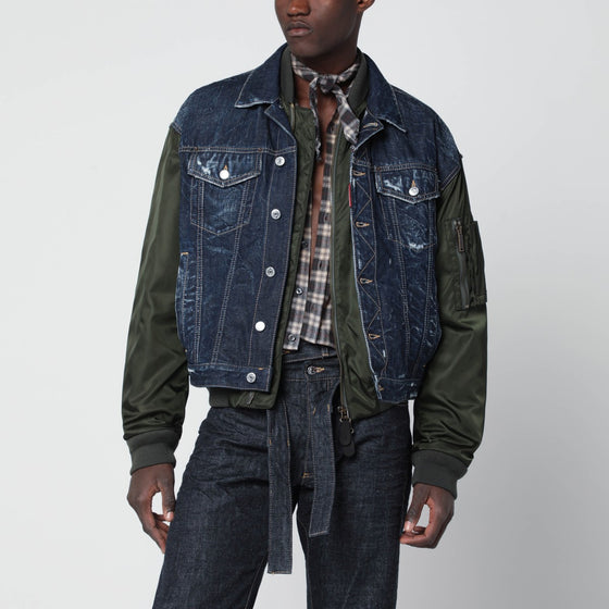Magliano X D2 Blue denim and military green nylon bomber jacket