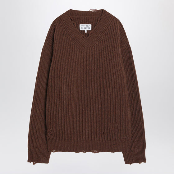 MM6 Maison Margiela Distressed brown wool-blend sweater