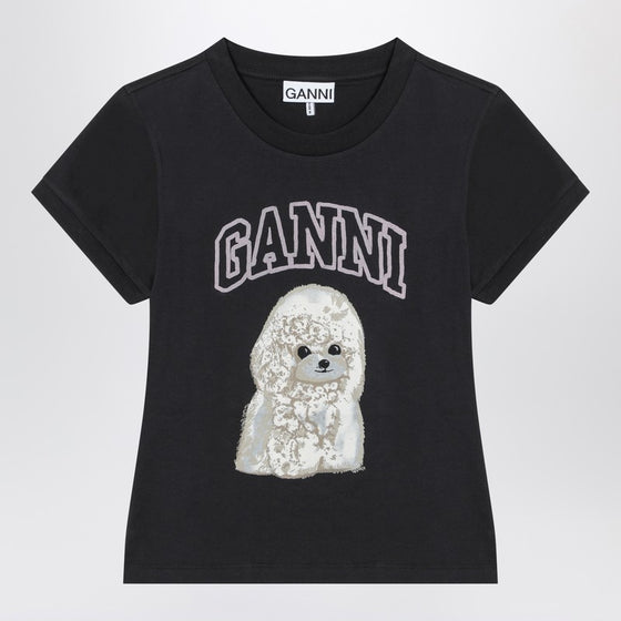 GANNI Washed black T-shirt with poodle print