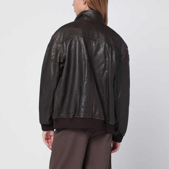 Dunst Dark brown leather zip-up bomber jacket