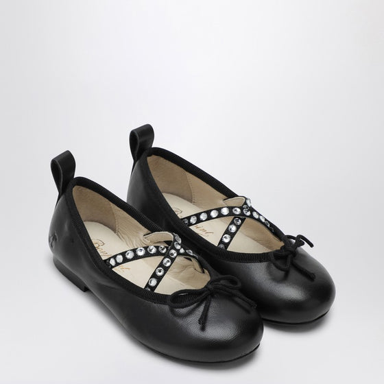 Bonpoint Black leather ballerina with rhinestones