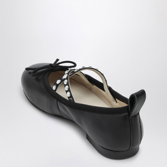 Bonpoint Black leather ballerina with rhinestones