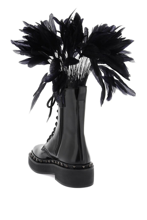 Valentino garavani leather m-way rockstud combat boots with feathers