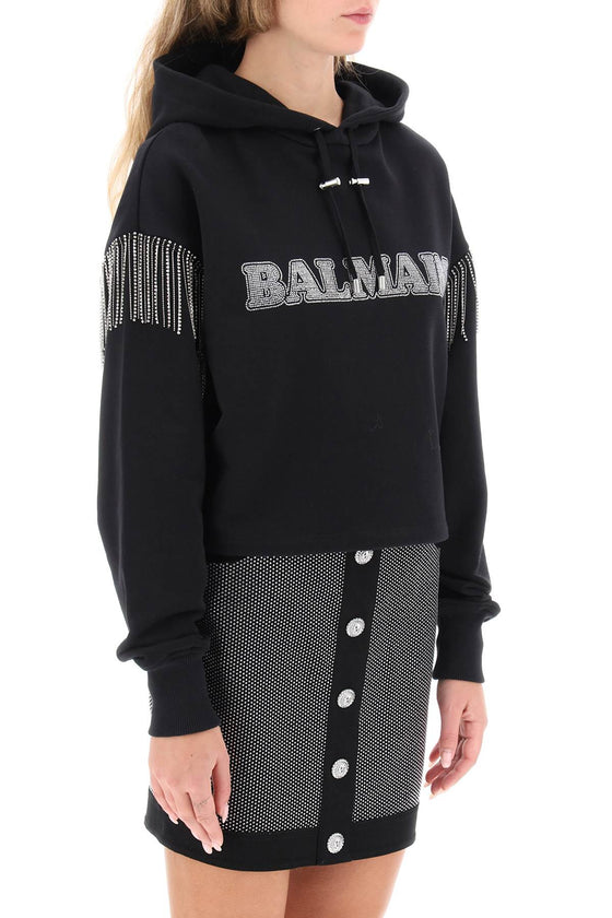 Balmain cropped hoodie with rhinestone-studded logo and crystal cupchains